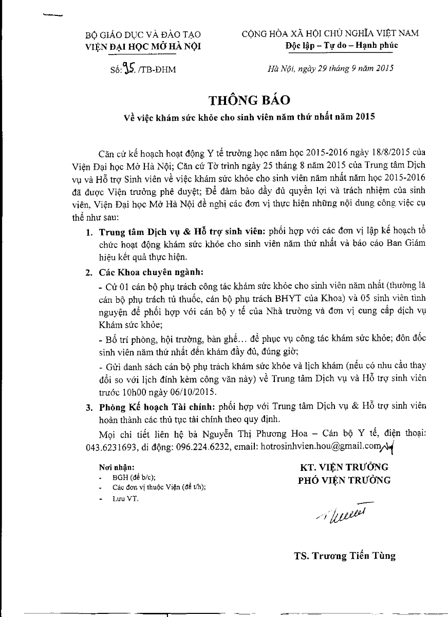 Lịch khám sức khỏe 2015